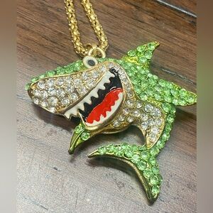 Betsey Johnson  Green Rhinestone Smiling Shark Necklace Jewelry